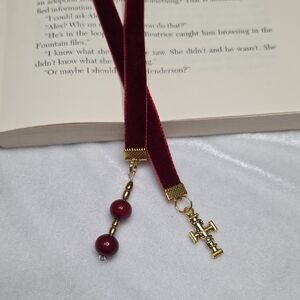 Handmade Dark Red Velvet Ribbon Beaded Bookmark Gold Cross Charm Bookmark